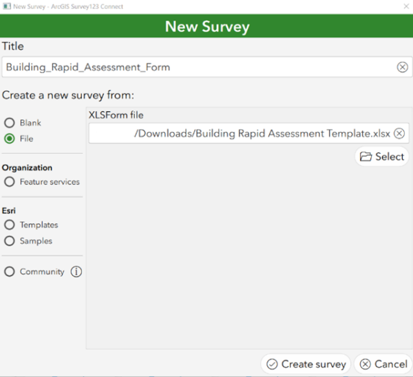 Loading the template image 1: Screenshot of setting up an new survey in ArcGIS Survey123